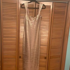 NWT Herve Leger full length bandage dress in rose gold foil.